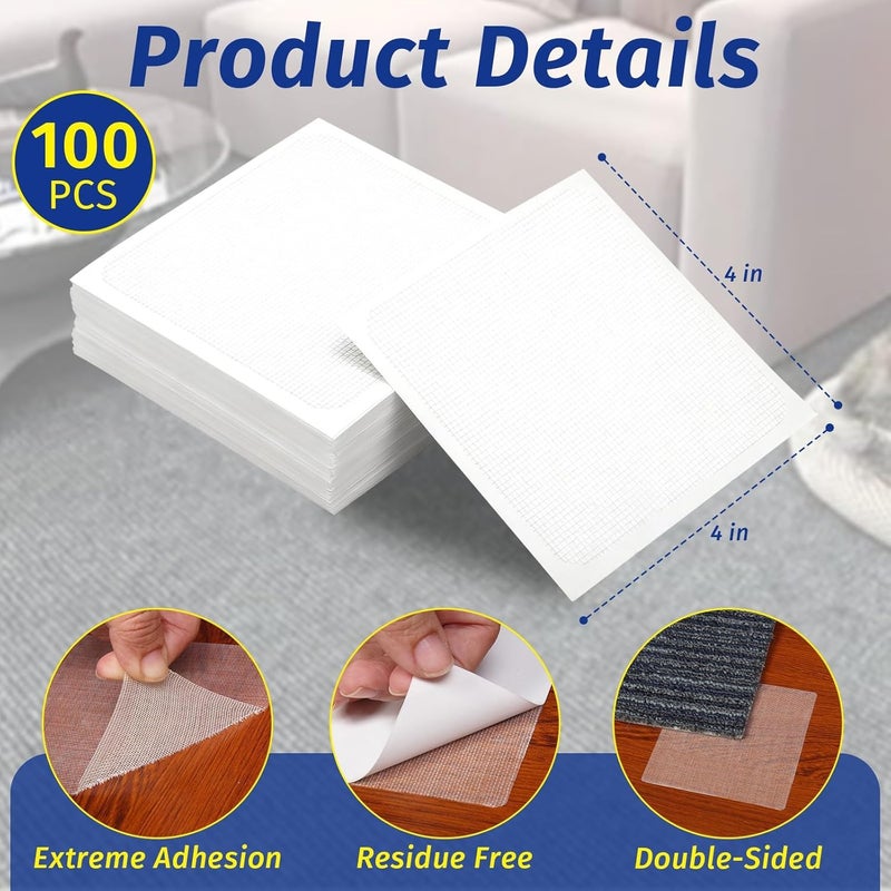 JutboRstp Carpet Tile Tape Double Sided, 4 x 4 Inches 100 Tabs, Rug Tape Grippers for Indoor Outdoor Use, Non Slip Adhesive for Area Rugs on Hardwood, Vinyl, Concrete Floors, Residue Free - Image 2